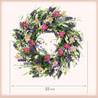 22 Inch Spring Summer Flower Wreaths for Front Door, Artificial Colorful Floral Door Wreaths with Lavender Daisies Green Leaves Farmhouse for Inside Outside Home Window Weeding Decor - Image 3