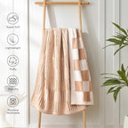 Snuggle Sac Checkered Throw Blanket Faux Fur Microfiber Blankets for Couch,Reversible Soft Cozy Warm Blanket for Sofa Bedroom,Cute Lightweight Striped Throws for Women,Heather Beige,60x80 inches - Image 6