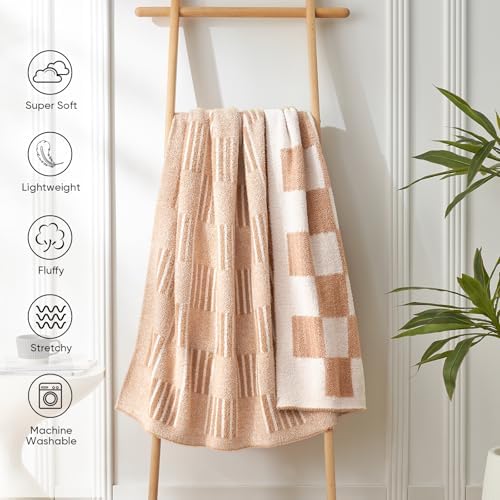 Snuggle Sac Checkered Throw Blanket Faux Fur Microfiber Blankets for Couch,Reversible Soft Cozy Warm Blanket for Sofa Bedroom,Cute Lightweight Striped Throws for Women,Heather Beige,60x80 inches - Image 6