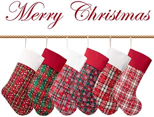 LUBOT 6 Pack Christmas Stocking(20inch) Plaid Snowflake Canvas Fireplace Hanging Xmas Stockings for Family Decorations Holiday Party Decor - Image 2