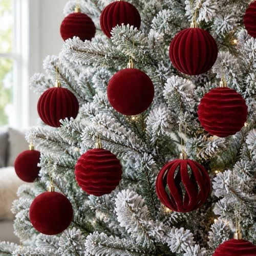 20pcs Red Velvet Christmas Ornaments Set,2.36In Burgundy Flocked Ornaments - Image 2