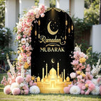 6.6FT Arch Backdrop Cover Black Gold Eid Ramadan Mubarak Photography Holiday Welcome Crescent Wedding Arch Cover Spandex Fitted Stretchy Backdrop Stand Covers for Birthday Party Wedding Decoration - Image 2