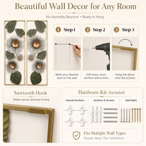 BIOGRN Metal Wall Art Set of 2, 3D Framed Floral Metal Wall Art Decor - Image 6