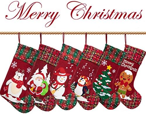 LUBOT 6 Pack Christmas Stockings(21inch) Embroidered Linen Applique Burlap Fireplace Hanging Christmas Stocking Ornament for Family Decorations Holiday Xmas Gift - Image 2