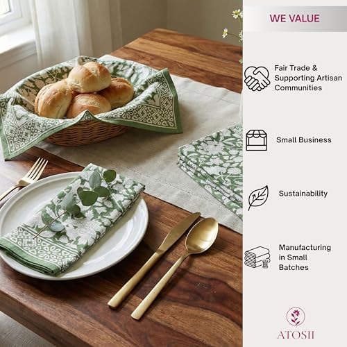 ATOSII Meraki Green 100% Cotton Spring Cloth Designer Dinner Napkins, Handblock Print, Washable Durable Linen for Everyday Use Wedding Parties Outdoors Christmas Easter I 20 X 20 Inches I Set of 4 - Image 5