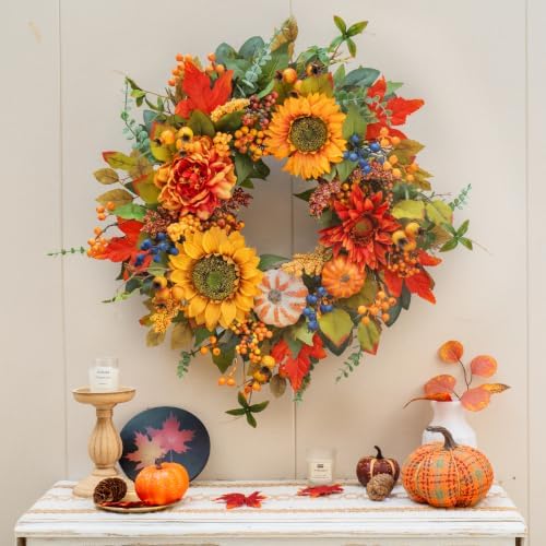 24 Inch Harvest Fall Wreaths for Front Door Outside with Sunflowers - Image 6