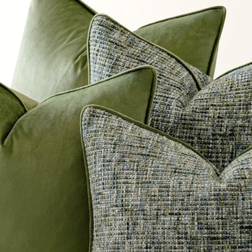 a moment Dark Green 4 Pack Throw Pillow Covers - Chenille & Velvet Set with Piping, Farmhouse Textured Design Cushion Cases for Couch Sofa Bed (20x20 Inch, No Insert) - Image 4