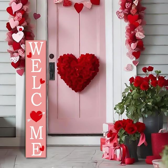 SRongmao Valentine's Day Welcome Porch Sign Love Wooden Hanging Sign Valentine's Day Front Door Sign Standing Vertical Welcome Signs for Home Front Door Yard Party Decor 8x63inch - Image 3