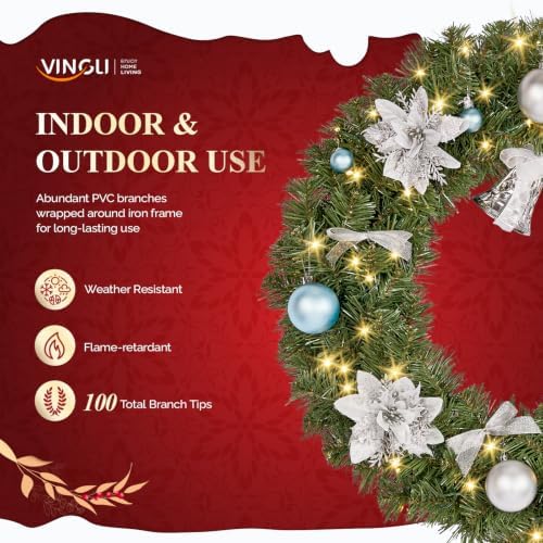 VINGLI 24 Inch Pre Lit Christmas Wreath with 50 LED Light, Battery Operated - Image 5