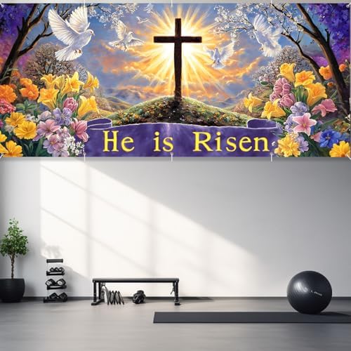 16x7 ft He is Risen Easter Banner for Two Car Garage - Fits Double Garage Door, Inspirational Cross Dove & Biblical Quote Large Backdrop, Church or Home Worship Decor - Image 5