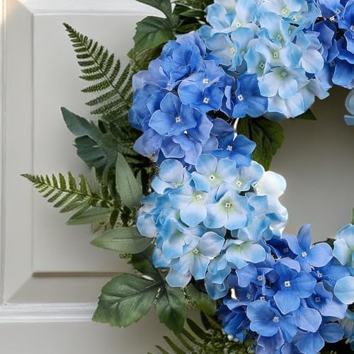 26 Inch Hydrangea Summer Wreaths for Front Door, Blue Hydrangea Wreath Artificial Door Wreaths Spring Summer Decor with Fern Leaves for Indoor Outdoor Home Wall Porch Window or Wedding Decoration - Image 3
