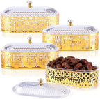 4 Pcs Ramadan Dates Holder Golden 7.2" Acrylic Vintage Platter Metal Eid Al-fitr Dessert Plate Serving Dish Trays with Clear Dome Lid Embossed Patterns for Ramadan Party Table Decoration - Image 4