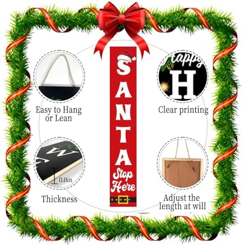 SRongmao Santa Stop Here Porch Sign Christmas Front Door Hanging Decorations 8x48inch Vertical Wooden Indoor Outdoor Standing Signs For Home Yard Farmhouse Holiday Decor - Image 6
