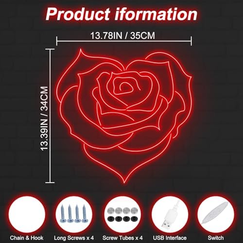 Heart Shaped Rose Neon Sign for Wedding Bedroom Romantic Floral Wall Decor - Image 3