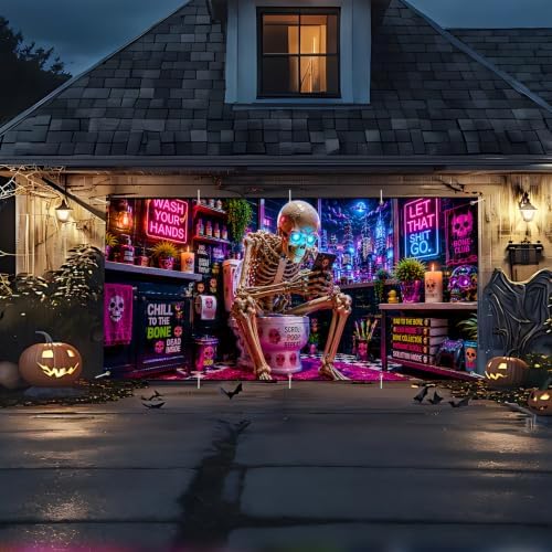 7x16ft Funny Halloween Garage Door Banner Decor, Skeleton Pooping on Toilet - Image 3