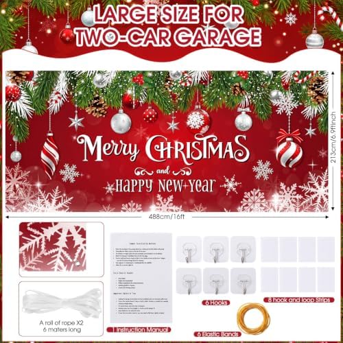 WovWeave 7 x 16 Ft Christmas Garage Door Cover, Happy New Year Red Ornament - Image 2