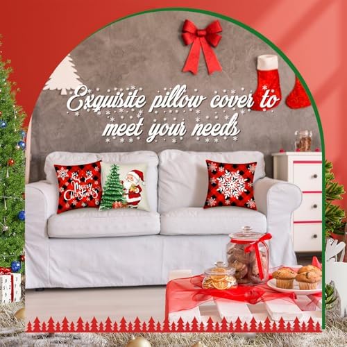 Newwiee 10 Piece Throw Pillows Covers Decorations Snowman Wreath Santa Claus Tree Red Buffalo Plaid Merry Christmas Pillow Covers for Couch Sofa(Plaid) - Image 5