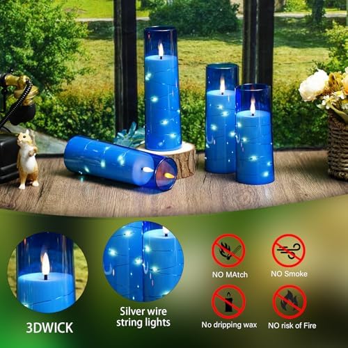 Sasigeiaa Flameless Candles with Embedded Star String - Battery Operated LED Candles, with Remote,12 Blue Flickering Candles for Christmas, Weddings, Home Decor & Party,(D 2.3"×H 5" 6" 7") - Image 3