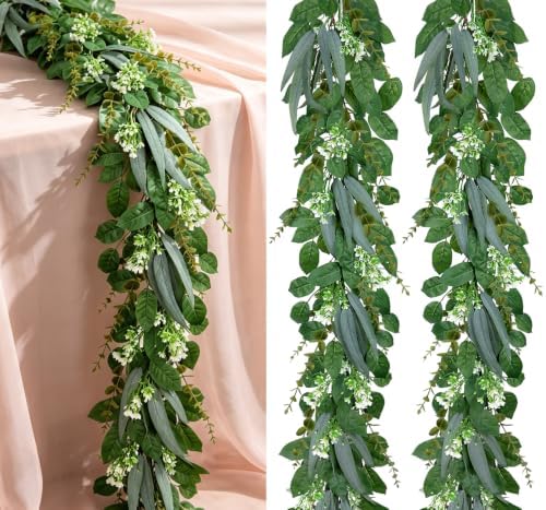 2 Pcs 6FT Artificial Eucalyptus Garland Greenery Garland with Baby's Breath by ZYTHREM