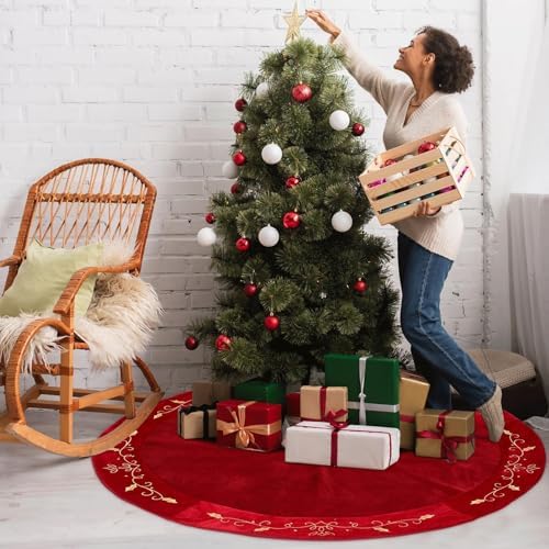 QOUBAI 48inch Christmas Tree Skirt Red Luxury Velvet Plush Fur Skirts with Gold Embroidery Xmas Velvet Tree Skirt Holly Leaves Gold Embroidered Tree Skirt for Christmas Holiday Party Decorations - Image 4