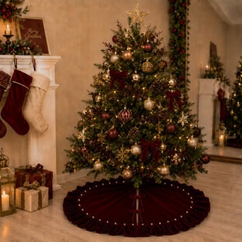 Wine Red Velvet Christmas Tree Skirt, 60 Inch Christmas Tree Skirt with Ruffled Edge and Pearl Trim - Image 7