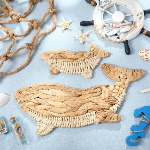Threehoney 2 Pcs Whale Beach Wall Decor 2 Size Handmade Wicker Whale Nautical Theme Decor Hanging Ocean Coastal Wall Art Sculpture for Boho House Bathroom Bedroom Indoor Outdoor Ornament - Image 2