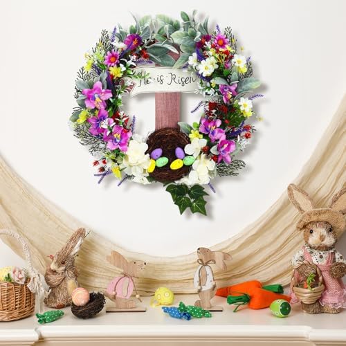 Panelee 18 Inch Easter Wreath for Front Door Cross Wreath Christian Easter Hanging Decorations He Is Risen Religious Artificial Lilies Lavender Eggs Grape Vines Sign for Spring Home Wall Door(Elegant) - Image 2