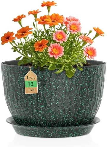 WSMKSZ 12 Inch Wide Water Ripples Flower Pots for Indoor or Outdoor Plants, Large Plant Pots with Drainage Holes & Saucer, Plastic Planters Set for Garden & Home Decor (Black with Green Speckles) by WSMKSZ
