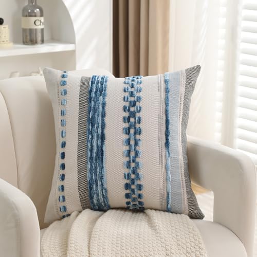 Boho Pillow Covers 18x18 Set of 2 for Couch-Modern Farmhouse Sofa Decorative Blue Throw Pillow Covers Textured Chenille Cushion Covers Outdoor Netural Bohemian Pillow Cases Square - Image 4