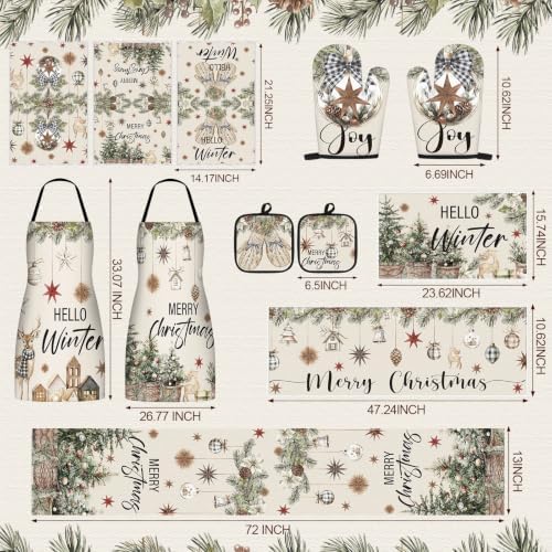 Bonuci 12 Pcs Christmas Kitchen Set Apron Table Runner Towel,Vintage - Image 3