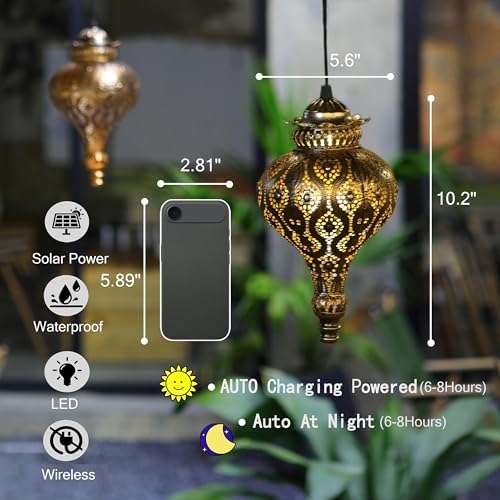 Solar Moroccan Lantern Outdoor Hanging Garden Decor (2 Pack, Bronze) - Image 3