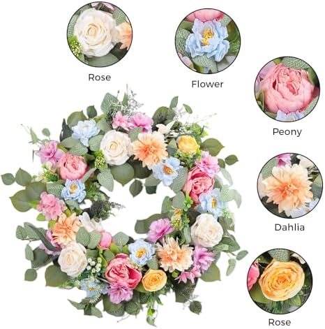Spring Wreaths for Front Door,Summer Wreath with Peony Rose and Dahlia Flowers,24 Inch Floral Door Wreath for All Seasons Outside Outdoor Indoor Wall Wedding Holiday Home Decor - Image 3