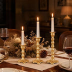 AIM & GGKK Gold Candlestick Holders Set of 3, Premium Metal Taper Candle Holders with Elegant Petal Base & Beaded Column Design, Matte Gold Finish for Table Centerpiece Wedding Party Home Decor by AIMGGKK