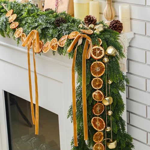 Daifunli 6FT Christmas Cedar Garland with Dried Orange Slices, Bells, Bows by Huiinen