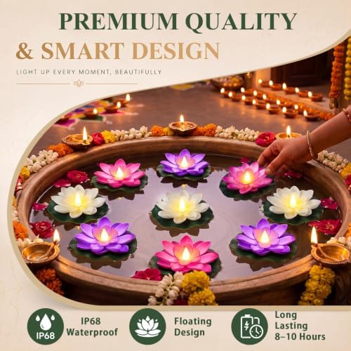 Liliful 24 Pcs Diwali Floating Lotus Lights, 3.94 Inch, White,Pink,Purple - Image 4