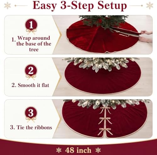 48 Inch Christmas Velvet Tree Skirt Red Xmas Tree Skirt with Gold Border - Image 4