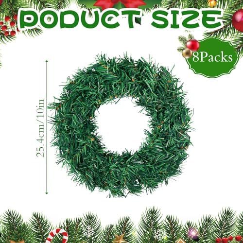 8 Pcs Christmas Wreath 10 Inch Green Artificial Wreaths DIY Faux Plain Wreaths Front Door Green Farmhouse Cabinets Wreath Indoor Outdoor Wall Decor(Fresh) - Image 2