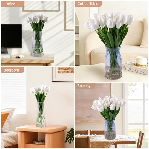 20 Pcs Fake Tulips Flowers 16" Tall, Realistic Touch Leaves, Bottle Tulip Artificial Plants Indoor for Home Decor Small Office Home Living Room-Vase Not Include -White - Image 3