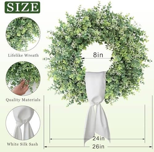 26" Artificial Eucalyptus Wreath with Sash for Front Door Decoration(Green) - Image 5