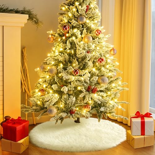 60 Inch Plush Christmas Tree Skirt White, Fluffy Faux Fur Tree Skirt for Christmas Holiday Party Decorations - Image 2