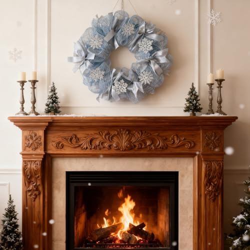 16in Winter Snowflake Wreath for Front Door, Mesh Decor,Snowflakes,16 Inch - Image 3