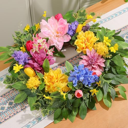 Spring Wreaths for Front Door, 24 Inch Greenery Front Door Wreath with Peonies Dahlias Hydrangeas, Artificial Home Decorations for Indoor Outdoor Window Wall,Outside Floral Wreath Decor for Home Porch - Image 2