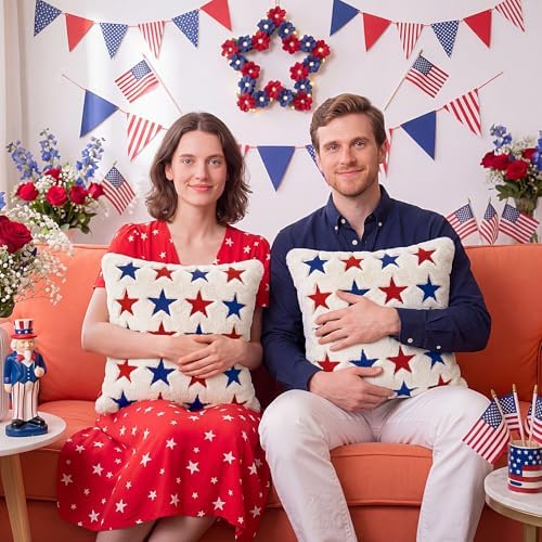 Tiamon 4 Pcs Patriotic 4th of July Throw Pillow Covers 18 x 18 Inch USA Flag American Plush 3D Embroidered Pillow Cases Red White Blue Stars Cushion Covers for Independence Day Decor Sofa Bed Home - Image 3