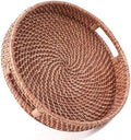 HITOMEN 14.2" Hand-Woven Round Rattan Serving Tray Decorative Ottoman Wicker Platter with Handles for Coffee Table, Breakfast, Drinks, Snack, Bread, Fruit, Vegetables (Honey Brown-L) by HITOMEN