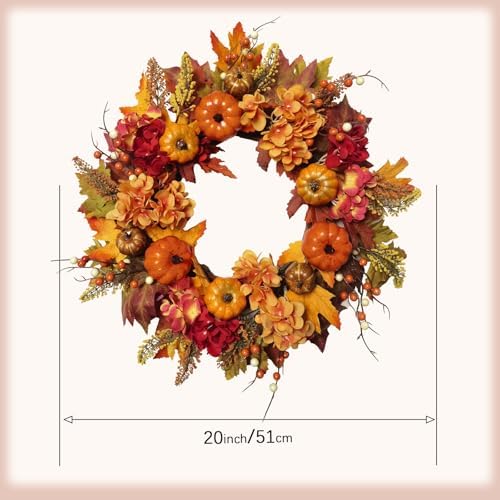 Artificial 20 Inch Autumn Front Door Wreath with Pumpkin Hydrangea Berry Maple Leaves - Fall Farmhouse Orange Wreath for Home Wall Window Harvest Festival Thanksgiving Indoor Outdoor - Image 3