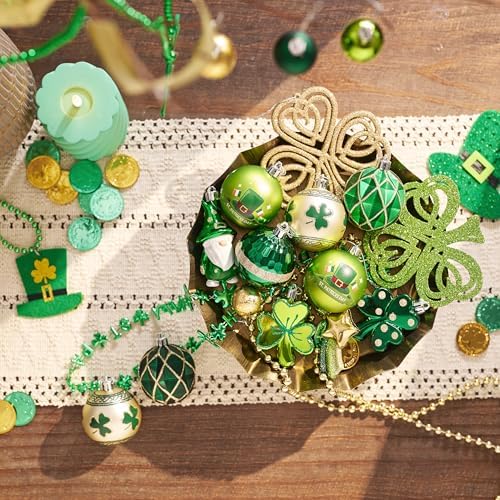 Valery Madelyn St Patricks Day Decorations Shamrock Tree Ornament,30pcs Hanging Ball Ornament Gnome Decor for Irish Festival, Good Luck Clover Emerald Green Gold Christmas Ball for Party Home Spring - Image 2