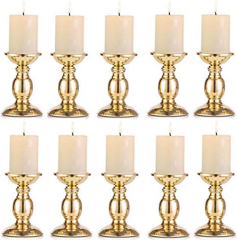 Nuptio Pillar Candle Holders, Wedding Centerpieces Metal Candle Holder Candles Stand Decoration Ideal for Weddings Special Events Parties Living Room (10 x S, Gold) by Nuptio