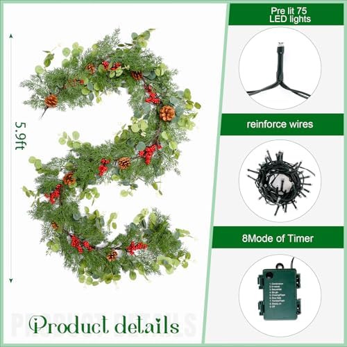Joyhalo 6FT Christmas Garland with Lights Battery Operated - Image 2