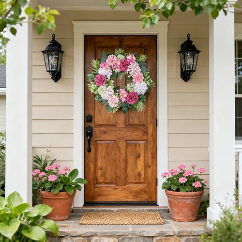 24-Inch Spring Wreath for Front Door with Hydrangeas Dahlias Daisy Silk Flowers and Berry Greenery for All Seasons Indoor Outdoor Wedding Farmhouse Porch Wall Living Room Home Wedding Decor - Image 4