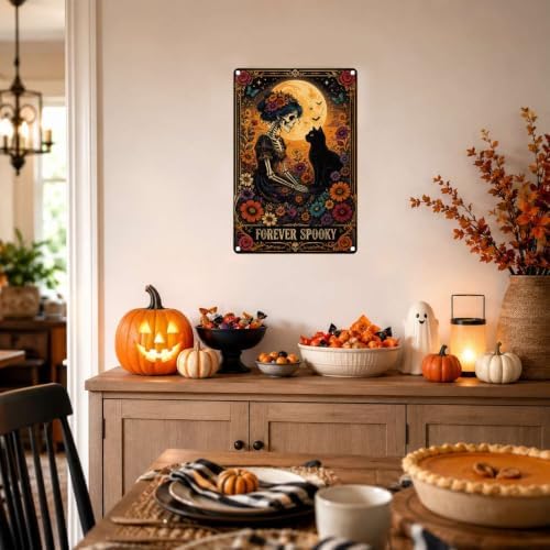 Vintage Metal Tin Sign Halloween Skeleton Woman Black Cat Flower Garden Gothic Wall Art for Home 8×12 Inches with Metal Frame - Image 4